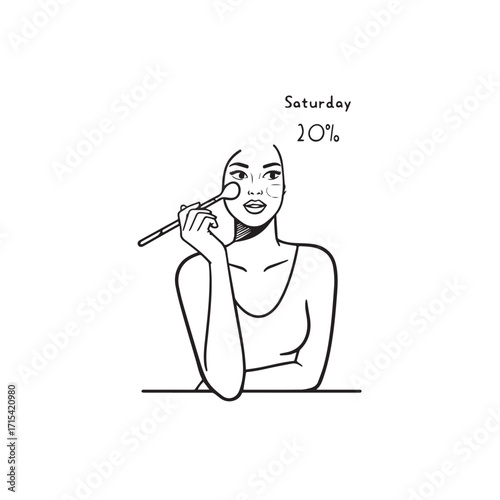 Black and white line art of a beautiful woman doing makeup at dressing table with mirror illustration