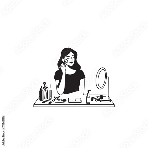 Black and white line art of a beautiful woman doing makeup at dressing table with mirror illustration