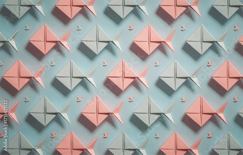 Calm, repeating pattern of elegant pastel origami fish, meticulously crafted to form a seamless graphic design ideal for serene backgrounds and artistic projects, showcasing intricate paper art