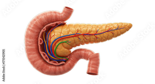 Human pancreas with connecting ducts, isolated medical PNG cutout, digestive system