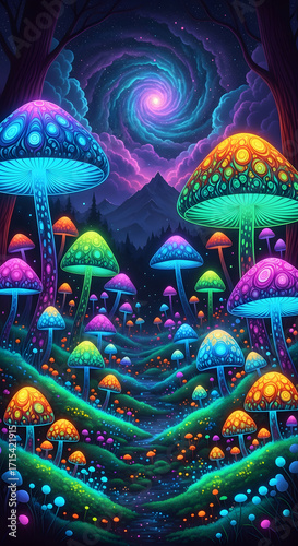 A vibrant, psychedelic forest filled with glowing, oversized mushrooms under a swirling, cosmic sky.