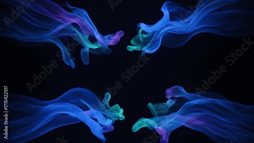 Slow asymmetrical organic tendrils in bioluminescent deep-sea colors reach and recede, a seamlessly looping abstract motion bioluminescent, seamlessly looping, ethereal