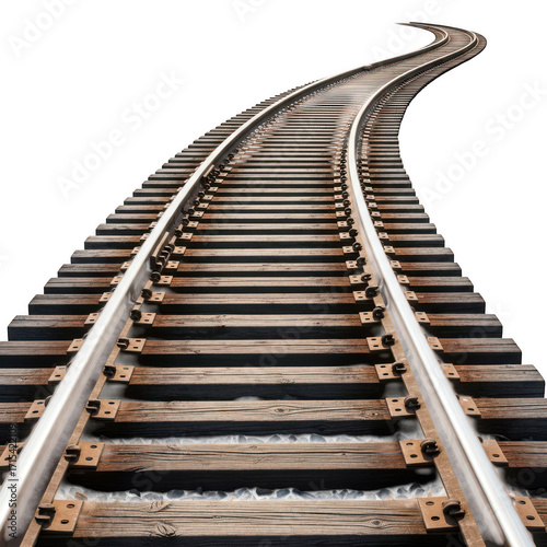 Railroad tracks curving into distance on transparent background