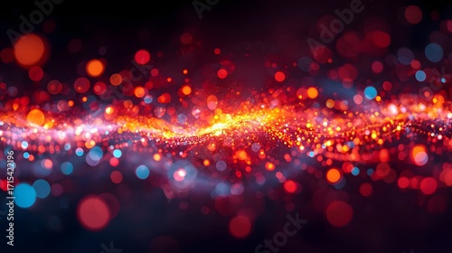 Abstract glowing red and blue particles forming dynamic energy wave in dark space, futuristic digital technology background with light trails and bokeh effect
