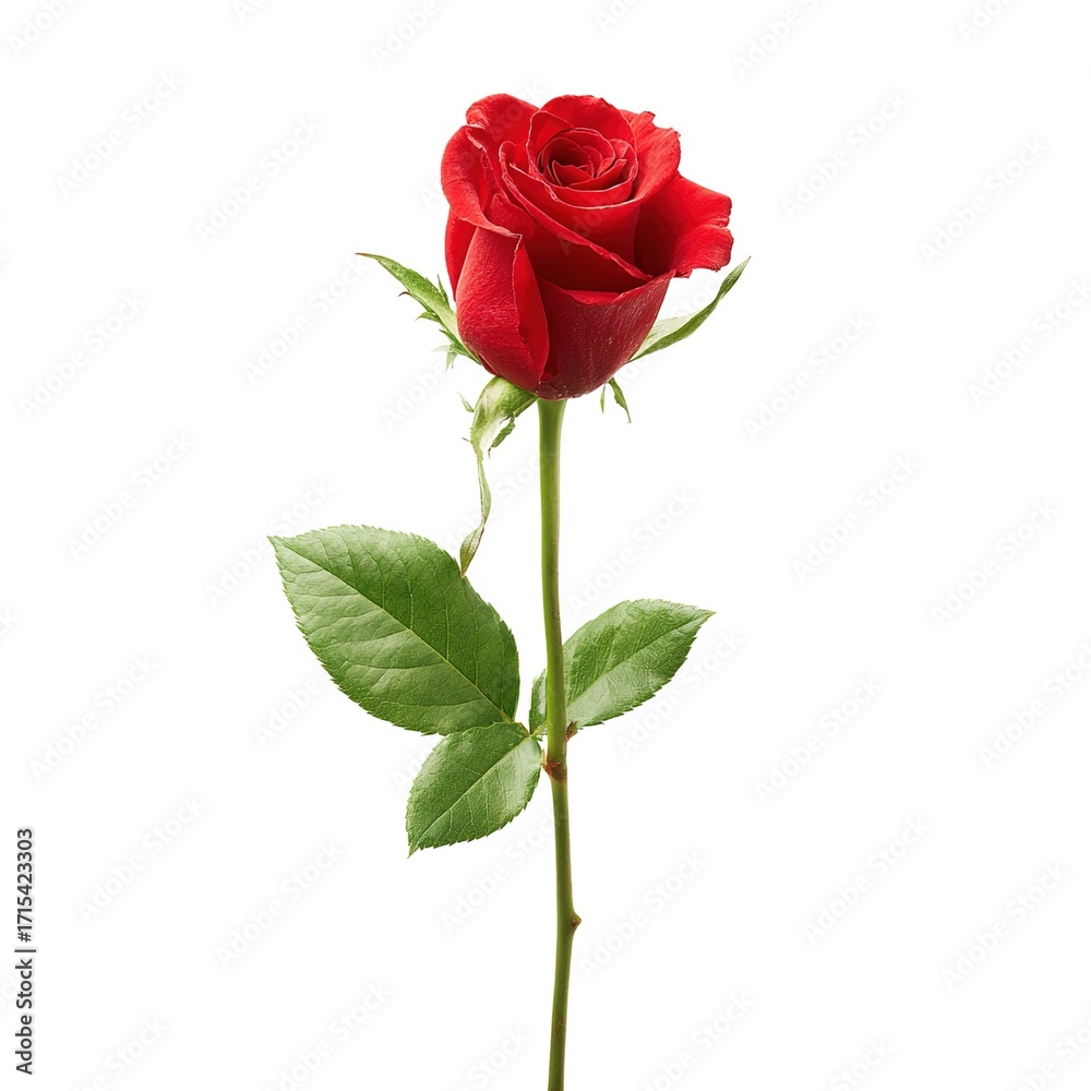 Fototapeta premium Red rose on white background, single stem flower