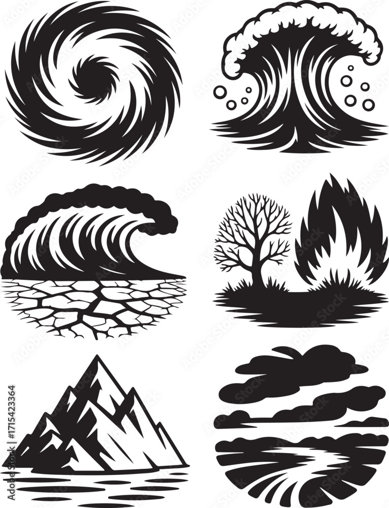 Fototapeta premium Powerful nature elements icons dynamic storm water fire mountain