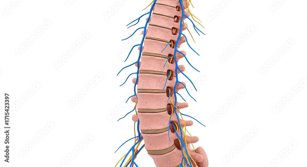 Fototapeta premium Human spinal cord with nerves, anatomical rendering, transparent PNG cutout