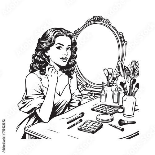Black and white line art of a beautiful woman doing makeup at dressing table with mirror illustration