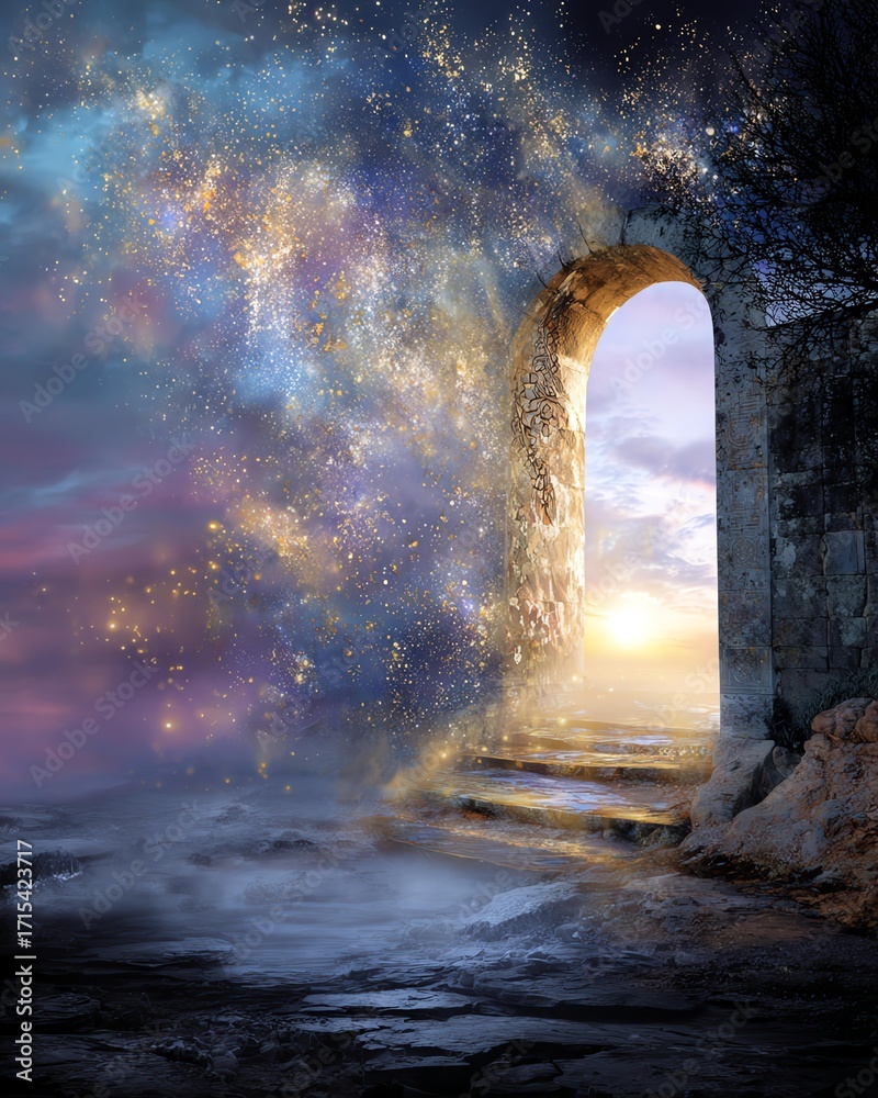Fototapeta premium A mystical door leading to a cosmic landscape. Soul library gateway system, proven soul library gateway system for wisdom, soul library gateway system unlocking truth