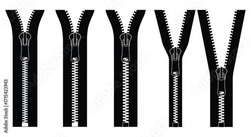 Black and white illustration featuring four zippers in different positions