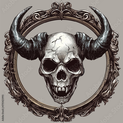 Mythological Skull Head with Horns in Vintage Gold Frame Dark Art Vector	