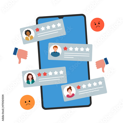Bad review concept design. Online negative user feedback. Customer experience ranking. Dislike, complaint, bad rate. Web comment. Angry client testimonial. Social survey result. Vector illustration.