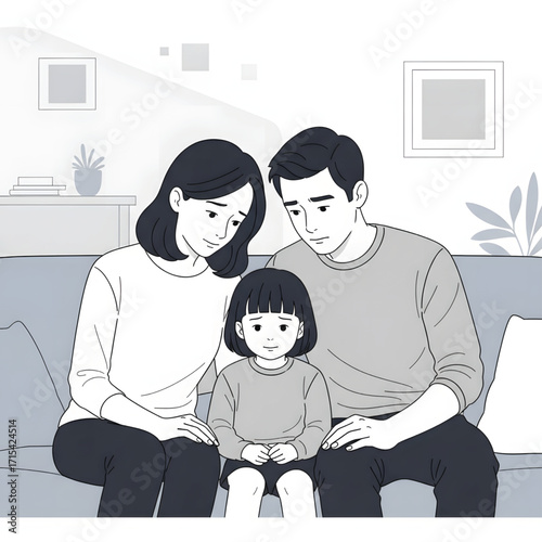 Illustration of a family of three, a mother, father and daughter, sitting together on a couch looking sad.