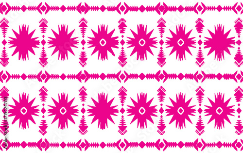 Vibrant fuchsia abstract geometric pattern with striking starburst and tribal motifs. This energetic vector graphic offers a bold design for modern textiles, digital backgrounds, and creative projects