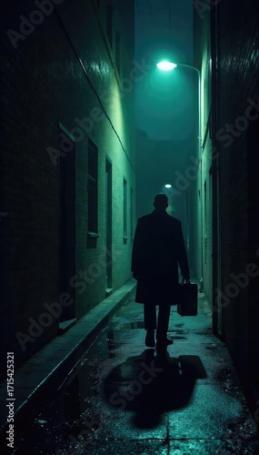 A shadowy figure in a dark alley, illuminated only by a single streetlight, clutching a briefcase The scene evokes secrecy, danger, and intrigue, perfect for spy-themed projects , spy, covert