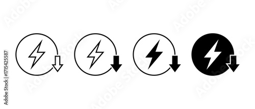 Save energy icon. Eco friendly, electricity efficiency, and low power consumption symbol. Lightning bolt with down arrow sign
