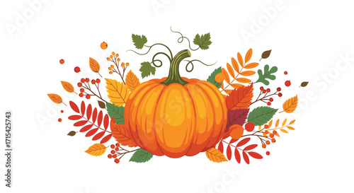 A vibrant pumpkin surrounded by autumn leaves and berries signaling the fall season.
