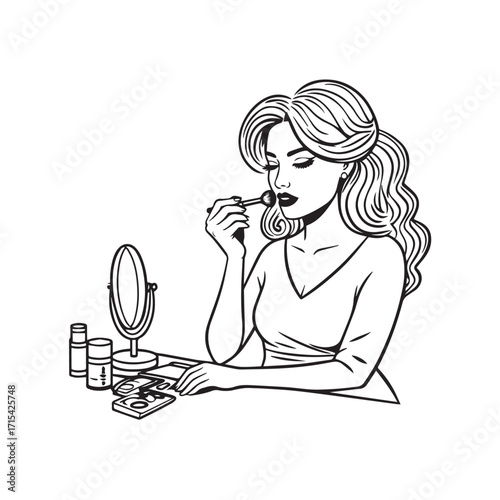 Black and white line art of a beautiful woman doing makeup at dressing table with mirror illustration