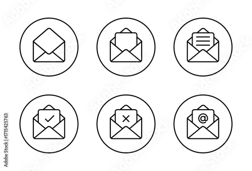 Open email envelope outline icon in circular line. Message symbol with check, cross, text, and mention sign