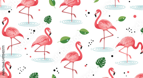 A charming pattern of pink flamingos standing on one leg amidst lush green tropical leaves and speckled accents on a clean white background.