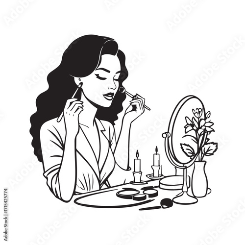 Black and white line art of a beautiful woman doing makeup at dressing table with mirror illustration