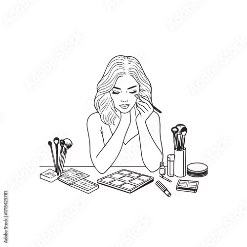 Black and white line art of a beautiful woman doing makeup at dressing table with mirror illustration