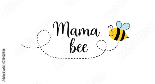 Mama bee cute buzzing insect with a friendly smile and dotted trail for motherhood.