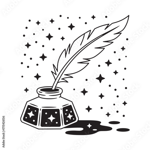 Elegant Quill Pen Resting in Inkwell Surrounded by Celestial Starry Designs A Whimsical Tattoo Style Ideal for Mystical Art Enthusiasts and Creative Writers
