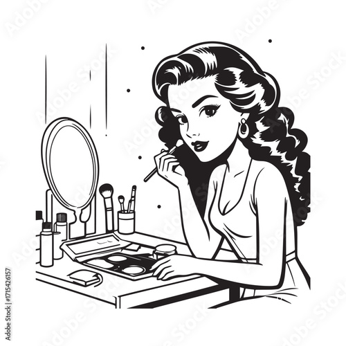 Black and white line art of a beautiful woman doing makeup at dressing table with mirror illustration
