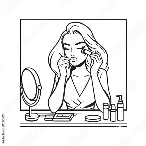 Black and white line art of a beautiful woman doing makeup at dressing table with mirror illustration