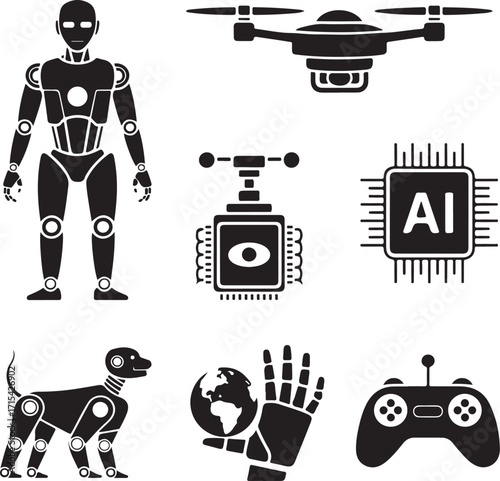 Futuristic tech icons robot drone AI chip game controller dog