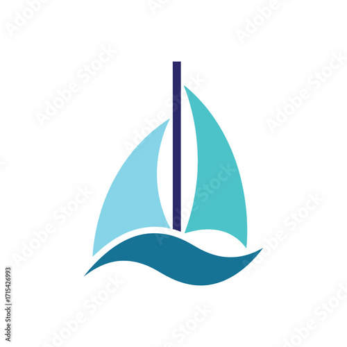 Stylized sailboat with blue sails and wavy water.