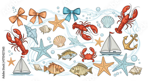 A playful collection of marine life and nautical elements on a wavy background.