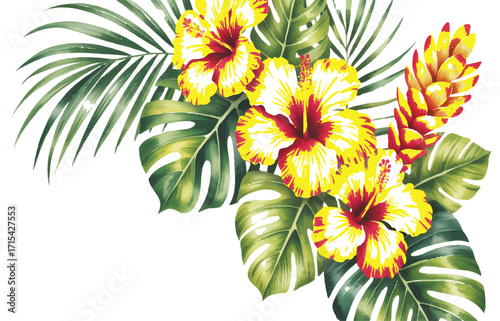 Elegant tropical corner arrangement with yellow hibiscus flowers, monstera leaves, and palm fronds. Botanical vector illustration