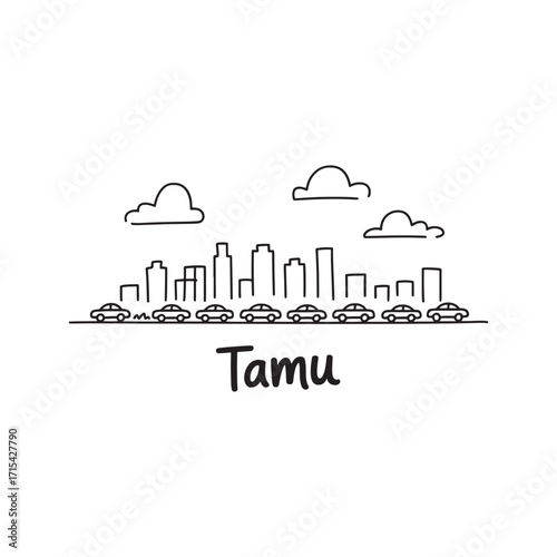 Whimsical Skyline Illustration Depicting Cars Lined Up Along the Roadway with Modern Architectural Buildings and Fluffy Clouds in the Background Sketch Art