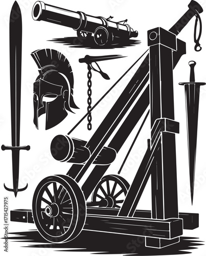 Ancient siege weapons and Roman helmet iconic elements
