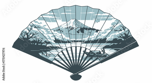 Elegant Japanese Hand Fan Depicting Mount Fuji and Serene Lake, Ideal for Cultural Events, Design Projects, and Artistic Representations of Japan