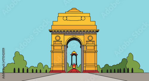 Minimalist vector illustration of India Gate, New Delhi, ideal for travel guides, educational materials, or cultural event promotions.