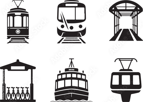 Modern transport icons: train, tram, ferry, cable car