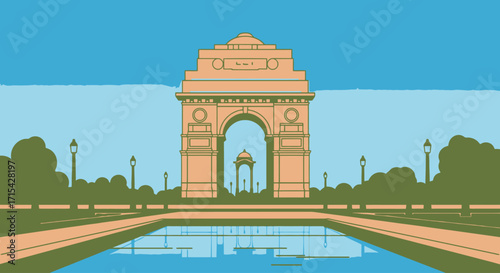 Minimalist Vector Illustration of India Gate, New Delhi, Depicting Indian Culture and Heritage for Travel Guides and Tourism Promotion Materials