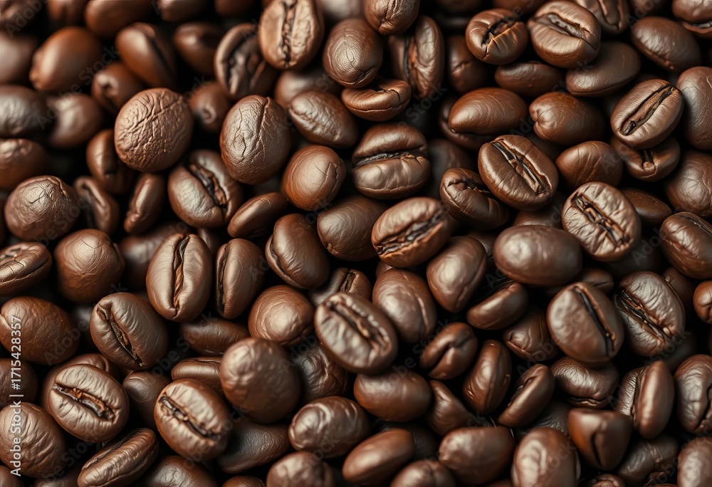 Obraz premium Close-up of roasted coffee beans, rich brown hues, textured surface, natural, coffee bean texture