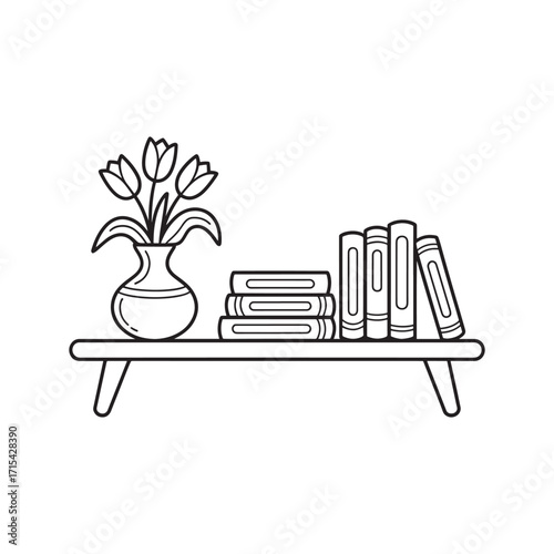 Elegant Bookshelf Featuring a Beautiful Vase of Tulips Adding a Touch of Nature and Sophistication to a Minimalist Interior Design Concept Depicted in Black and White