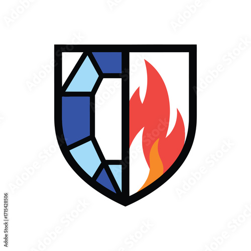 Split Shield Icon with Fire and Ice Elements.