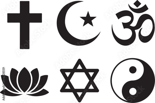 Diverse spiritual symbols unite world faiths and beliefs