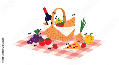 A delightful picnic scene disrupted by persistent ants invading the food spread.