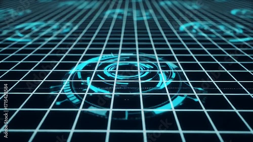 A grid of glowing turquoise circular displays on a dark background.