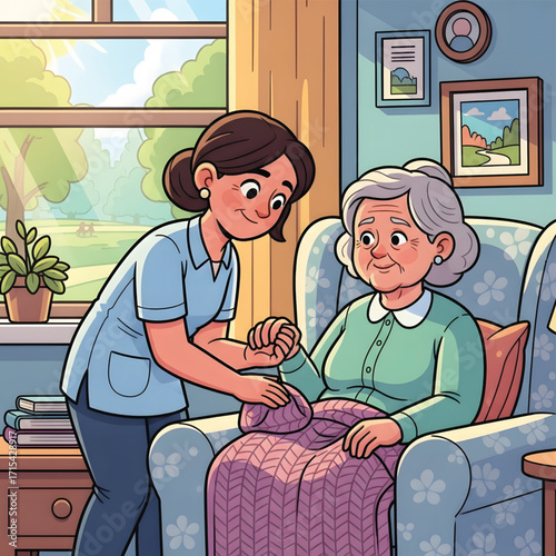 Kind caregiver gently assists elderly woman in armchair, providing comfort and care in a cozy home setting.
