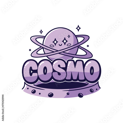 Cute cartoon planet with rings and Cosmo text logo.