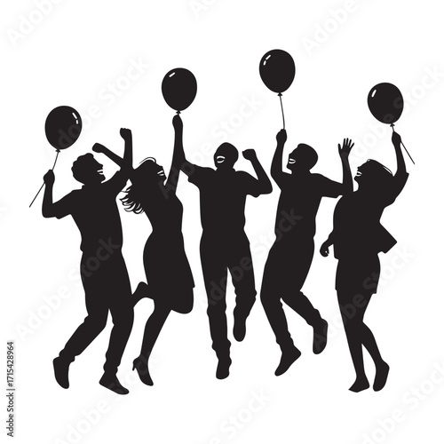 Silhouette of a diverse group of people celebrating with balloons.