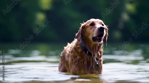 A joyful golden retriever splashes in a serene lake.